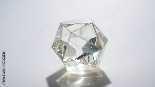 condoning. A naturally formed icosahedral crystal mineral, refracting geometric light in soft natural lighting against a clean background. STEM education sheets.