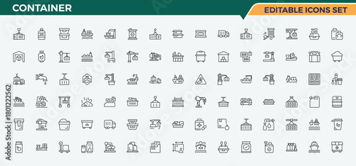 Container icon set in linear style. Plastic Bottle icon set. Contain linear symbols bottle, water bottle, eco, wine bottle, plastic bottle and more. Vector illustration.