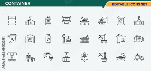 Container line icon set. Minimalist linear icons. Included drink, wine bottle, eco, water bottle. Editable stroke. Vector collection. Plastic Bottle icon set.
