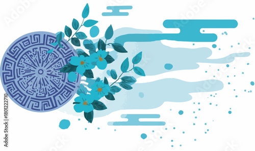 Dekoratives blaues asiatisches Muster mit floralen Elementen und abstrakten Wolkenformen als Vektorgrafik.