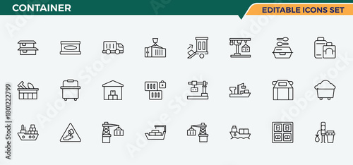 Container line icon set. Minimalist linear icons. Included drink, wine bottle, eco, water bottle. Editable stroke. Vector collection. Plastic Bottle icon set.