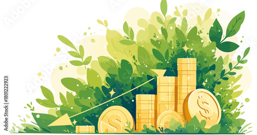 Grünes Wachstum: Goldmünzenstapel mit steigendem Pfeil inmitten üppiger Vegetation dargestellt.