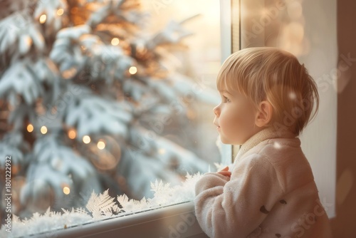 Child watching winter snow and christmas tree lights from window
