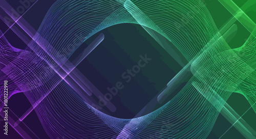 Abstract futuristic background with flowing purple and green gradient light waves.