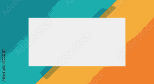 Blank white rectangular card for copy space on a modern diagonal teal and orange brushstroke background.