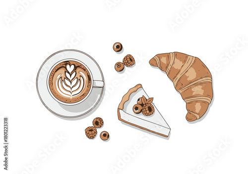 Charming hand-drawn flat lay showcasing a comforting latte, a golden croissant, and a delectable berry cheesecake