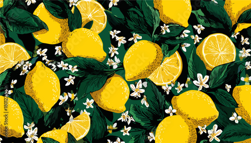 Nahtloses Muster mit leuchtend gelben Zitronen, grünen Blättern und weißen Blüten als botanischer Hintergrund.