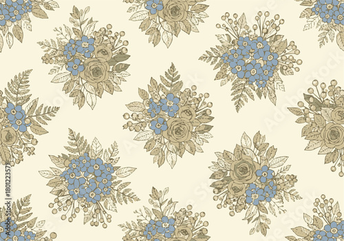 Elegant seamless pattern featuring delicate blue forget-me-nots and intricate beige roses, perfect for vintage textile designs and botanical backgrounds
