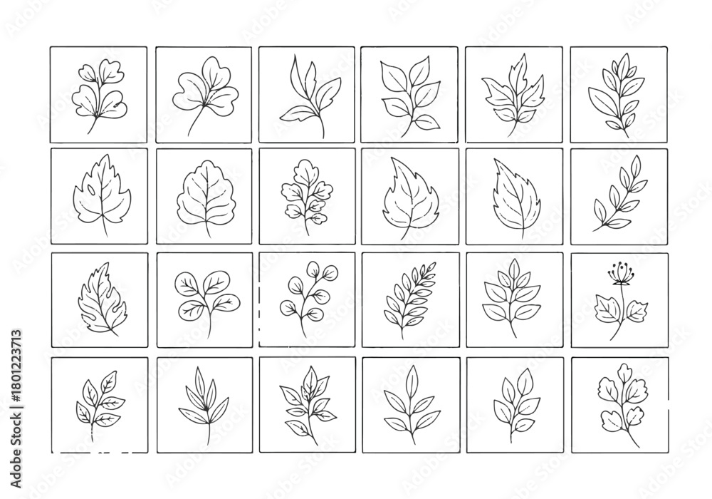 Fototapeta premium Minimalist Botanical Line Art Grid A Variety of Hand-Drawn Leaves Perfect for Organic Design Elements and Natural Aesthetics