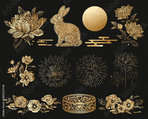 Goldener Vektor-Set mit Hasenmotiv, Blumen, Mond und Feuerwerk für asiatische Feiertage.