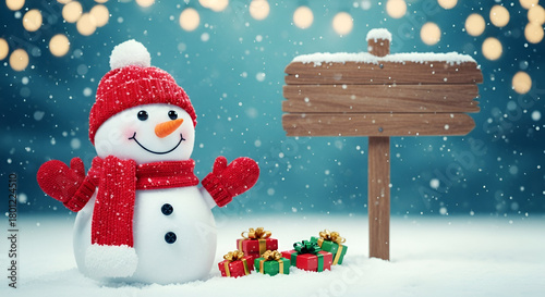 Happy snowman character in red scarf and hat beside blank wooden sign in snowy field with gifts holiday greeting