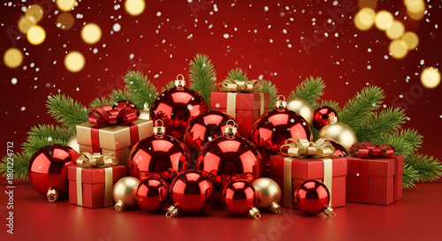 Festive red background with pile of red christmas balls ornaments and green pine branches holiday decoration

