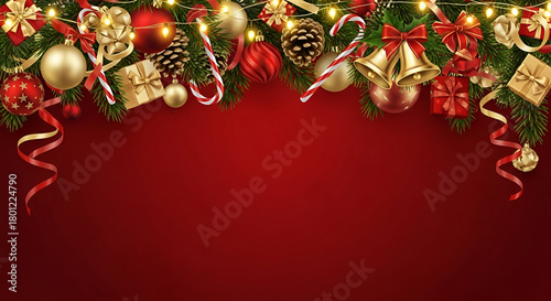 Festive red background with top border of pine cones jingle bells candy canes and golden ornaments copy space