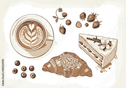 Artistic hand-drawn cafe delights latte with art, flaky croissant, sweet vanilla cake, and fresh berries scattered