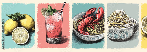 Eine Vektorillustration, die eine Auswahl an Speisen und Getränken in einem stilvollen, modernen Design zeigt.