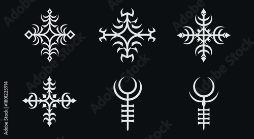 Collection of Ornate White Cross and Crescent Moon Designs on Black Background
