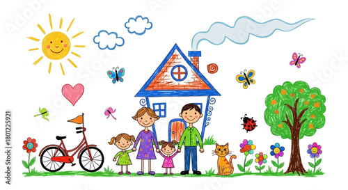 Happy Family Illustration Home, Nature, and Togetherness in Colorful Drawing