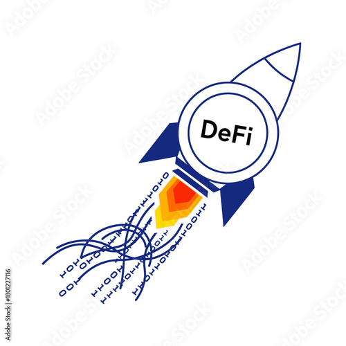 A modern rocket, boldly displaying 'DeFi', launches with a binary code exhaust, illustrating the rapid, innovative expansion of decentralized finance.