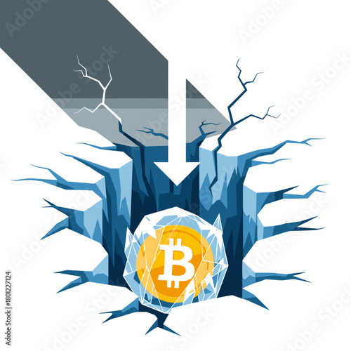 A compelling illustration depicts a Bitcoin coin frozen within a cracked icy chasm, symbolizing significant cryptocurrency market downturn and digital asset decline.