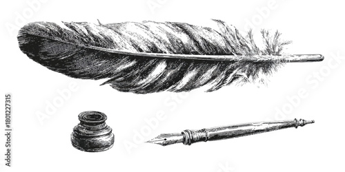 Vintage quill pen and inkwell illustration representing writing and history