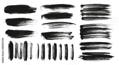Collection of black brush strokes in various shapes, perfect for design backgrounds and textures