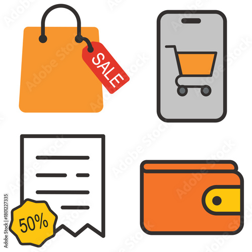 Shopping icons set in flat style of modern colorful vector icons related to e-commerce, retail, and online shopping