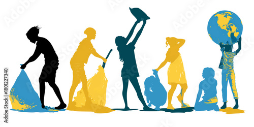 Diverse group of people working together to clean up the environment and protect the planet