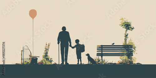 Silhouette of a grandfather and grandchild holding hands with a dog and balloon in a park
