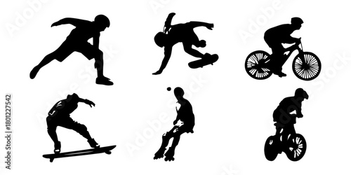 Dynamic silhouettes of athletes performing extreme sports and activities on white background