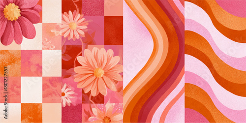 Retro floral pattern with wavy stripes and checkerboard in warm pink and orange tones