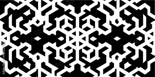 Intricate black and white geometric pattern with repeating symmetrical abstract shapes and lines