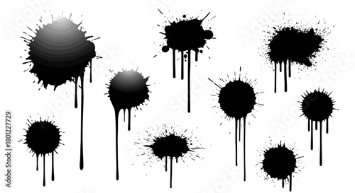Collection of black ink blots and splatters, adding a grunge and artistic touch to designs