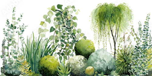 Lush greenery and rocks create a serene natural landscape scene