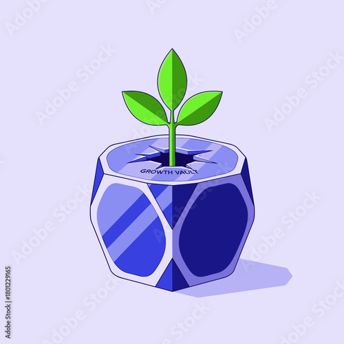 A vibrant green seedling sprouts from a cracked geometric blue pot, symbolizing new beginnings, growth, and overcoming challenges in a minimalist illustration.