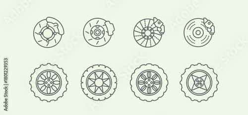 Tires brakes and sets different car illustrations combined showing replacement needs and maintenance