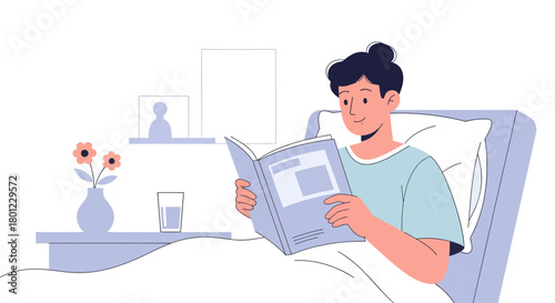 Young Man Reading A Book Comfortably In Bed With A Peaceful Expression