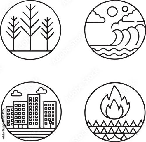 Four Elements Icons Representing Nature and City Life