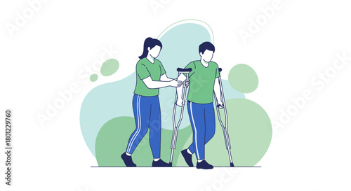 Patient Assisted By Medical Professional With Crutches During Rehabilitation Process Support