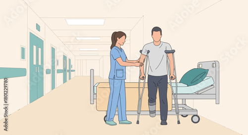 Patient Assisted By Nurse In Hospital, Helping Recover And Assist Patient With Crutches