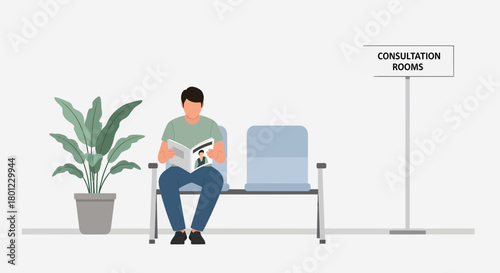 Patient Reading Magazine in Waiting Area Near Consultation Rooms With A Plant