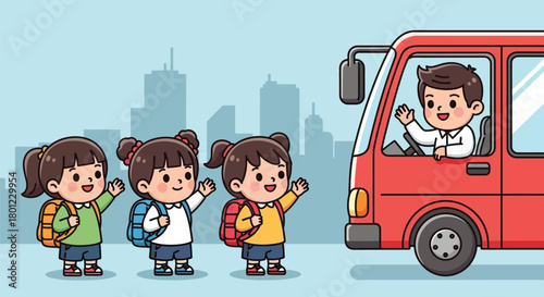 Cute School Kids Waving at Red Bus Illustration