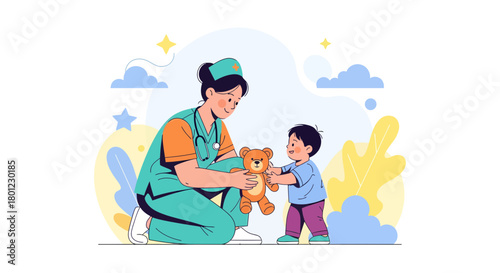 Pediatric Nurse Providing Comfort To A Young Patient Through The Healing Power Of Toys