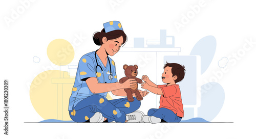 Pediatrician Offers Teddy Bear To A Happy Child In A Hospital Setting