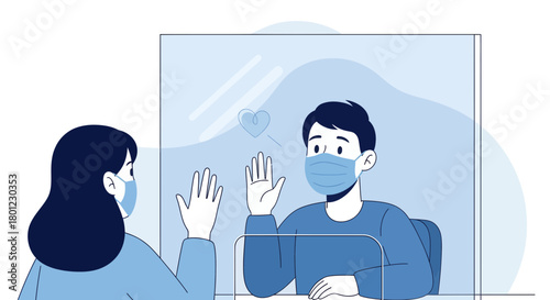 People Greeting Each Other Behind Covid-19 Protective Barriers, Illustrated Style Art