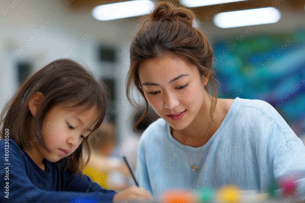 Obraz premium Asian young woman and child engaging in art activities together at a bright classroom