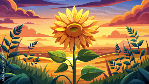 Very beautiful sunflower standing tall in a wide open field beneath a glowing sunset sky, warm golden tones illuminating petals and creating a serene, natural countryside atmosphere.