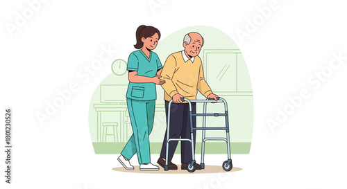 Elderly Care and Assistance: A Nurse Supporting a Senior Citizen with a Walker