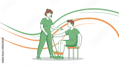 Physical Therapist Assisting Patient With Rubber Band Exercising For Rehabilitation
