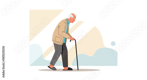 Elderly Gentleman Walking With A Cane Depicting The Passage of Time and Aging Process