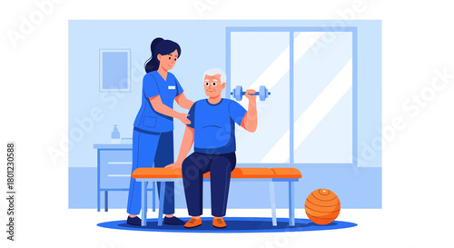 Elderly Man Doing Dumbbell Exercise Assistance by Qualified Nurse Inside Clinic Space